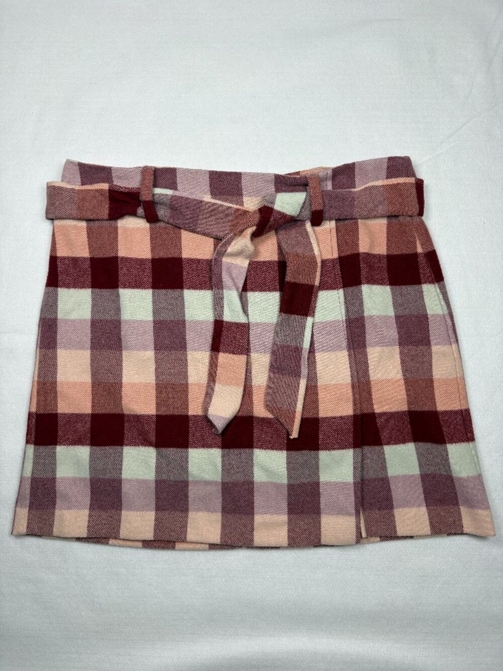 LOFT Outlet Plaid Faux Wrap Mini Skirt Belted Burgundy Blush Preppy Soft Girl 8